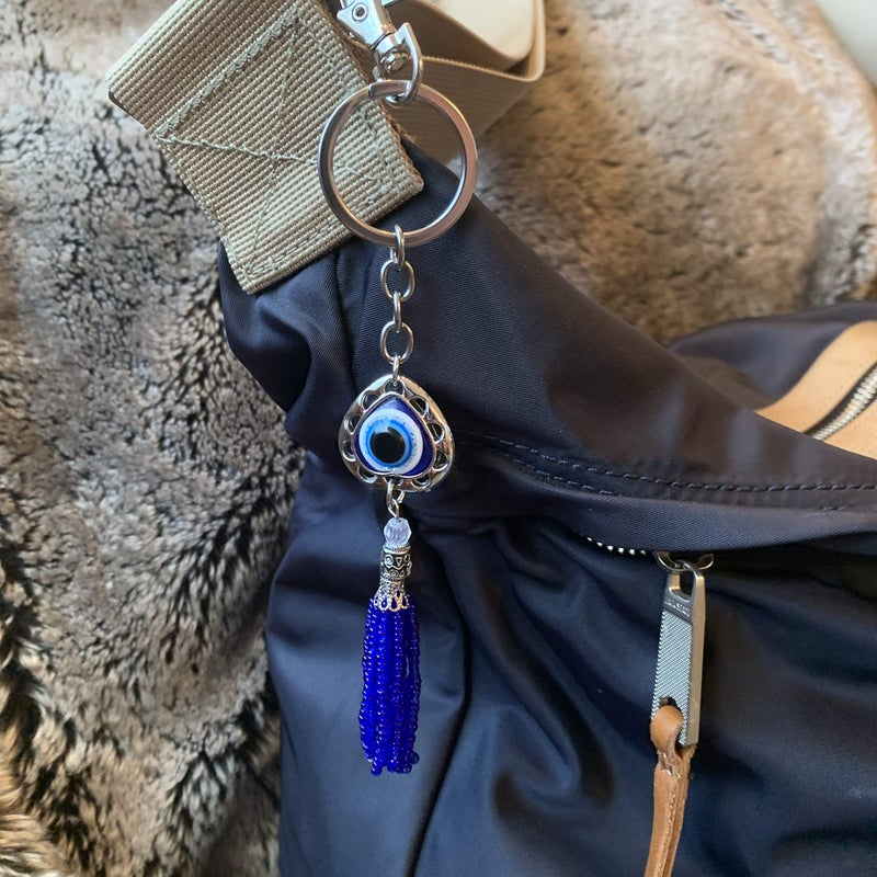LUCKBOOSTIUM Bravo Team Heart Evil Eye Keychain Ring w/Clasp Lock & Blue Bead Tassel â€‹Protection & Blessing Home Keys Purse & Bags Decorative Things & Accessories Car Rear View Mirror Ornaments - Image 3